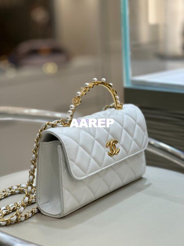 Replica Chanel Lambskin Flap Phone Holder with Chain with Imitation Pearls & Enamel AP3512 White 4