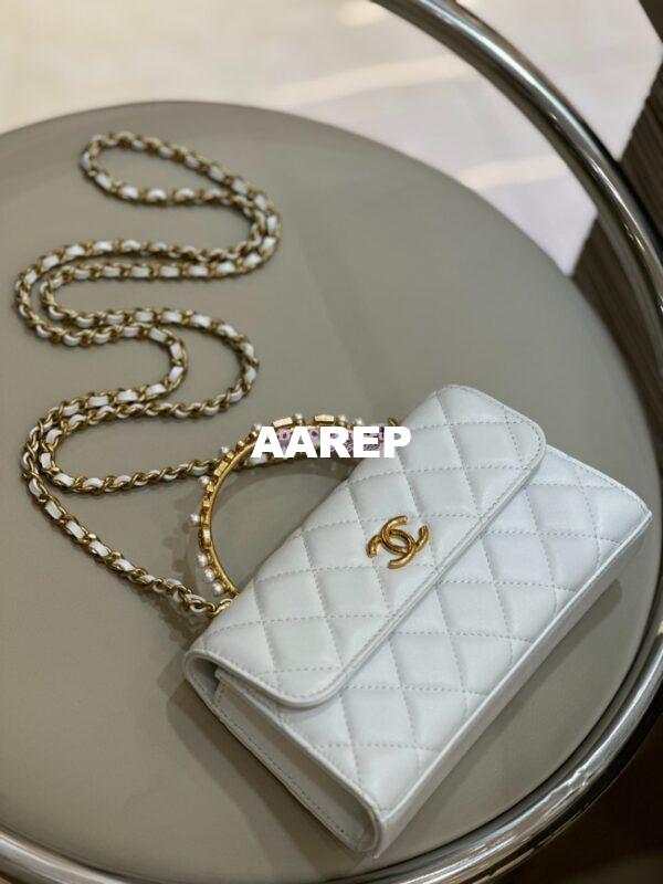 Replica Chanel Lambskin Flap Phone Holder with Chain with Imitation Pearls & Enamel AP3512 White 5