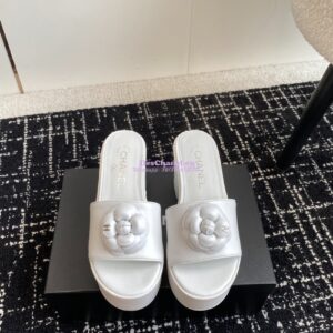Replica Chanel Camellia Lambskin Platform Mules G45499 White