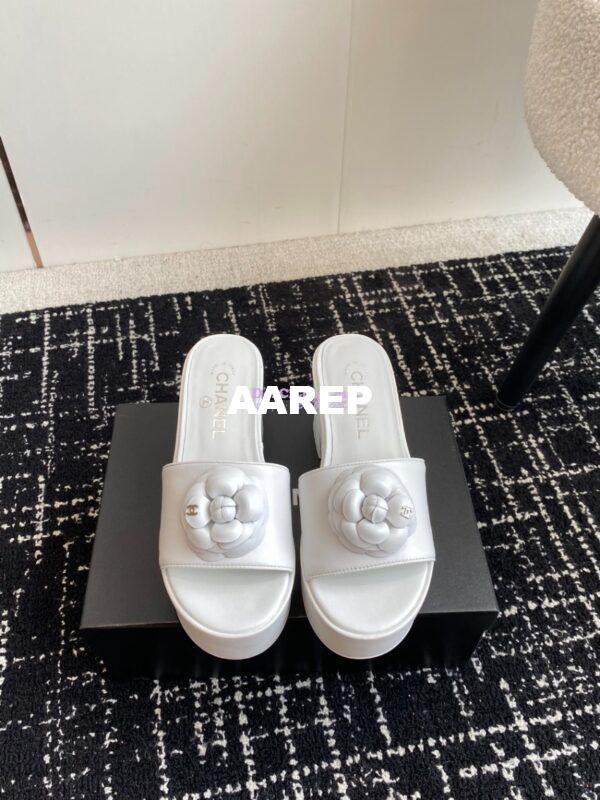 Replica Chanel Camellia Lambskin Platform Mules G45499 White 3