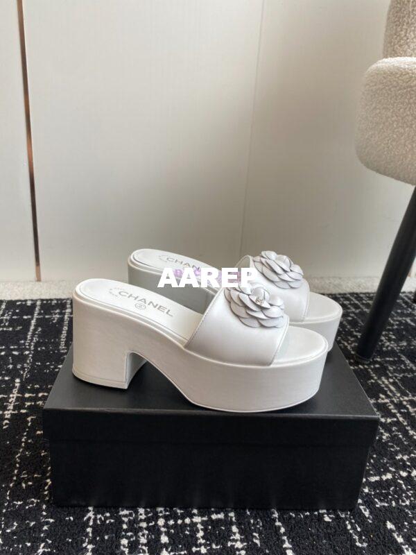 Replica Chanel Camellia Lambskin Platform Mules G45499 White 4