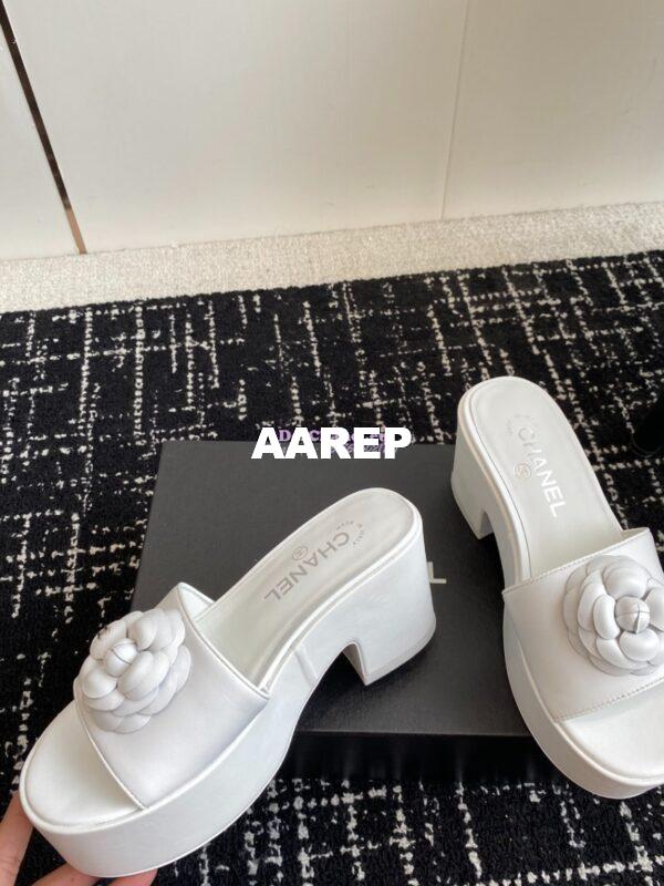 Replica Chanel Camellia Lambskin Platform Mules G45499 White 5