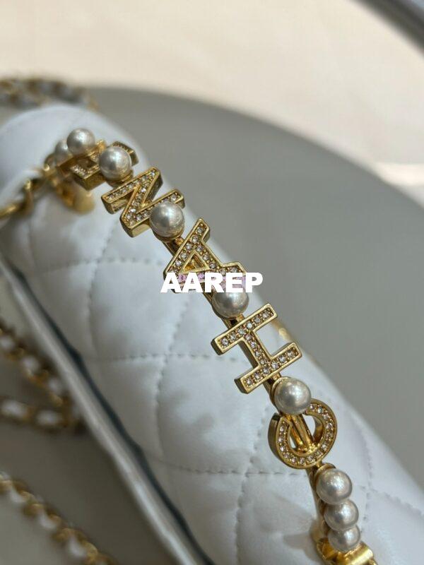 Replica Chanel Lambskin Flap Phone Holder with Chain with Imitation Pearls & Enamel AP3512 White 7