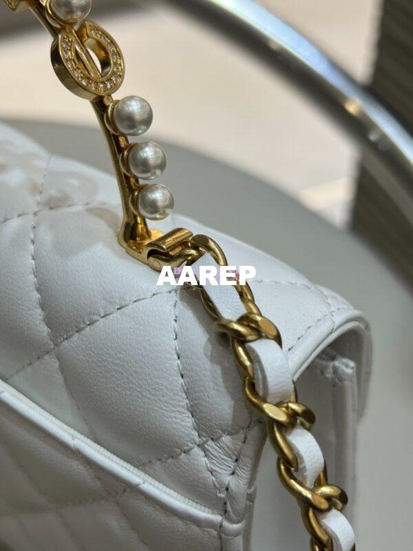 Replica Chanel Lambskin Flap Phone Holder with Chain with Imitation Pearls & Enamel AP3512 White 10