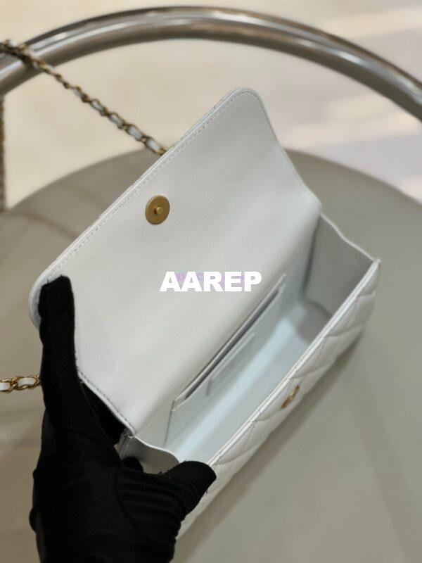 Replica Chanel Lambskin Flap Phone Holder with Chain with Imitation Pearls & Enamel AP3512 White 14