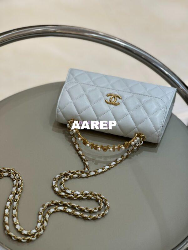 Replica Chanel Lambskin Flap Phone Holder with Chain with Imitation Pearls & Enamel AP3512 White 18