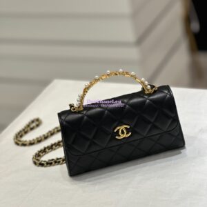 Replica Chanel Lambskin Flap Phone Holder with Chain with Imitation Pearls & Enamel AP3512 Black