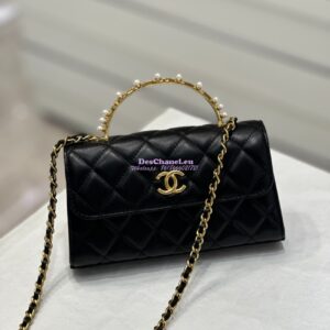 Replica Chanel Lambskin Flap Phone Holder with Chain with Imitation Pearls & Enamel AP3512 Black 2