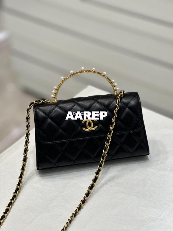 Replica Chanel Lambskin Flap Phone Holder with Chain with Imitation Pearls & Enamel AP3512 Black 4