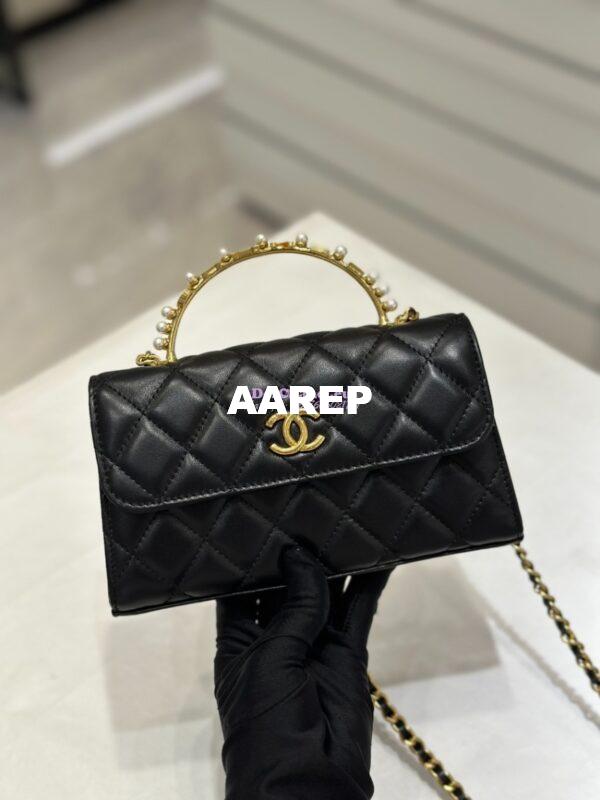 Replica Chanel Lambskin Flap Phone Holder with Chain with Imitation Pearls & Enamel AP3512 Black 5