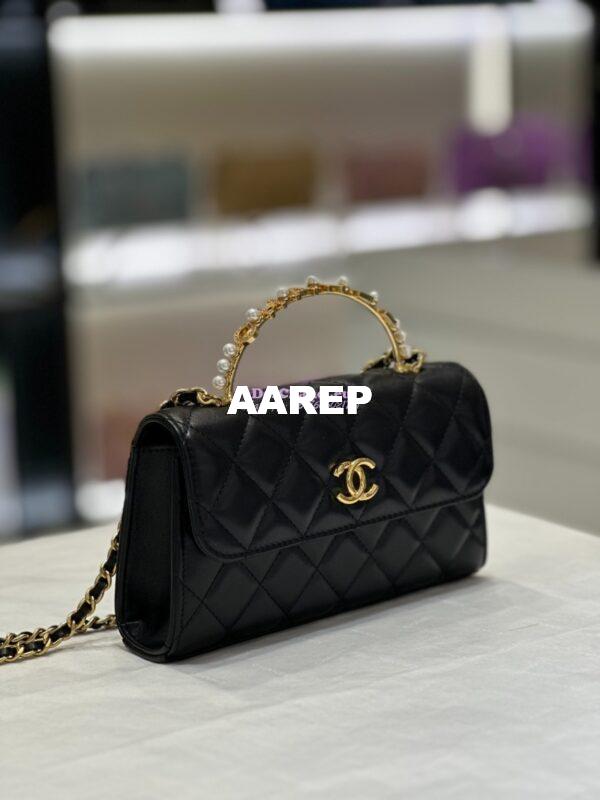 Replica Chanel Lambskin Flap Phone Holder with Chain with Imitation Pearls & Enamel AP3512 Black 6