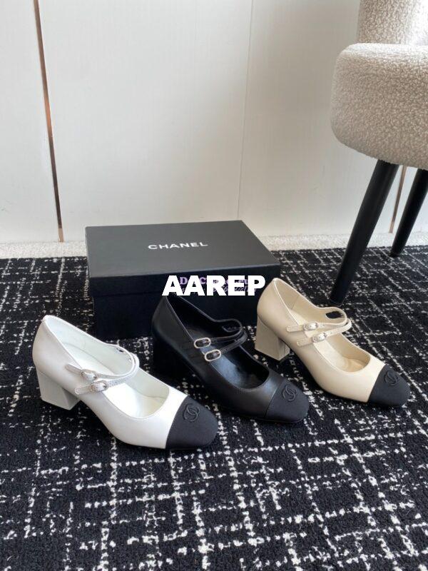 Replica Chanel 24SS Mary Janes Pumps Lambskin & Grosgrain G45696 Creme Black 3