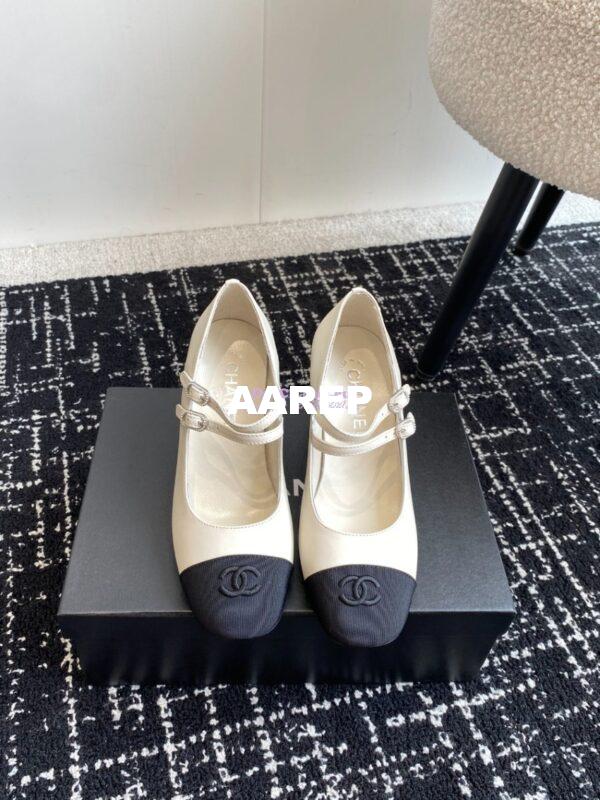 Replica Chanel 24SS Mary Janes Pumps Lambskin & Grosgrain G45696 Creme Black 4
