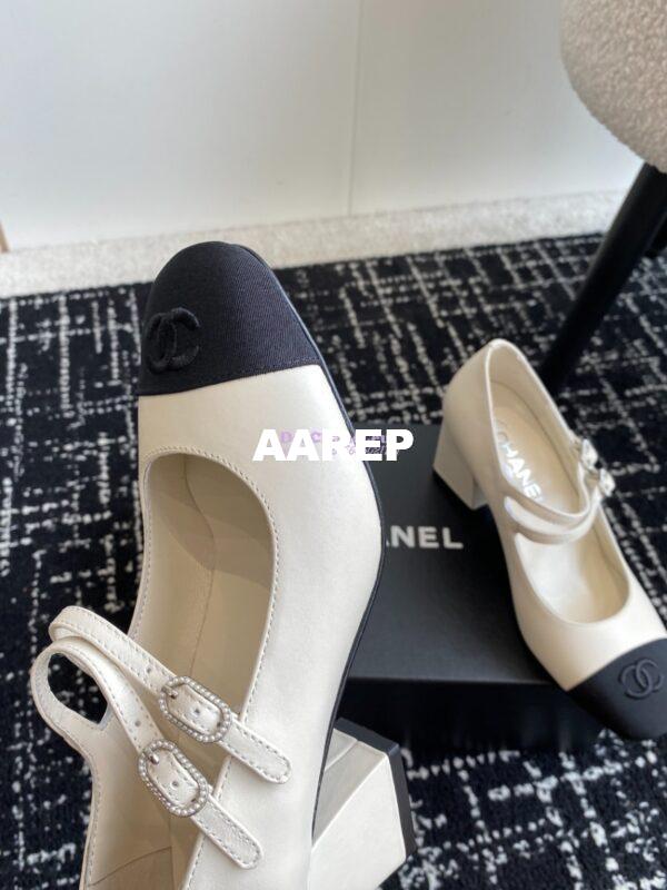 Replica Chanel 24SS Mary Janes Pumps Lambskin & Grosgrain G45696 Creme Black 7