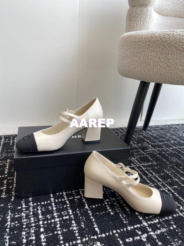 Replica Chanel 24SS Mary Janes Pumps Lambskin & Grosgrain G45696 Creme Black 9