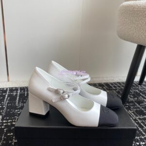 Replica Chanel 24SS Mary Janes Pumps Lambskin & Grosgrain G45696 White Black 2