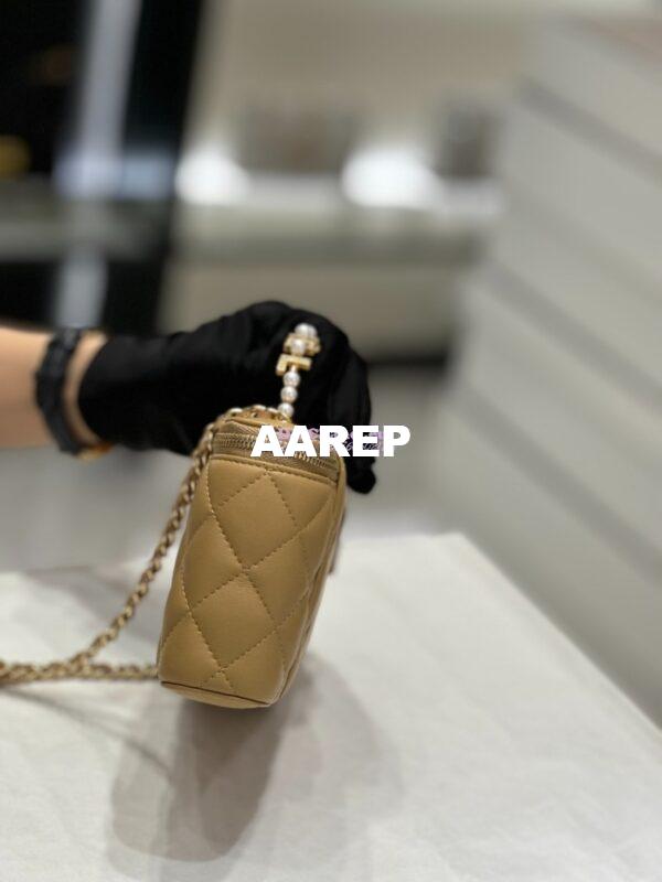 Replica Chanel Lambskin Clutch With Chain with Imitation Pearls & Enamel AP3515 Beige 12