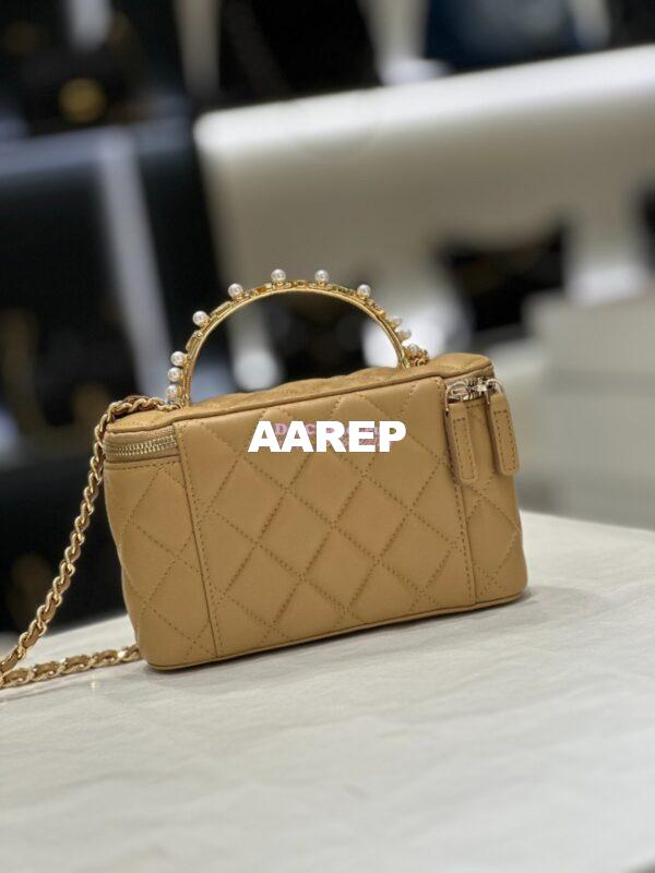 Replica Chanel Lambskin Clutch With Chain with Imitation Pearls & Enamel AP3515 Beige 19