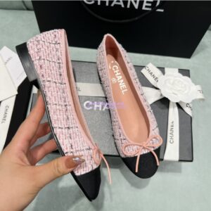 Replica Chanel Tweed and Grossgrain Cap Toe Ballerinas G02819 Black Sakura Pink 2