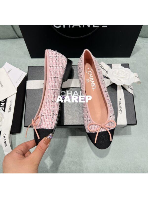 Replica Chanel Tweed and Grossgrain Cap Toe Ballerinas G02819 Black Sakura Pink 3