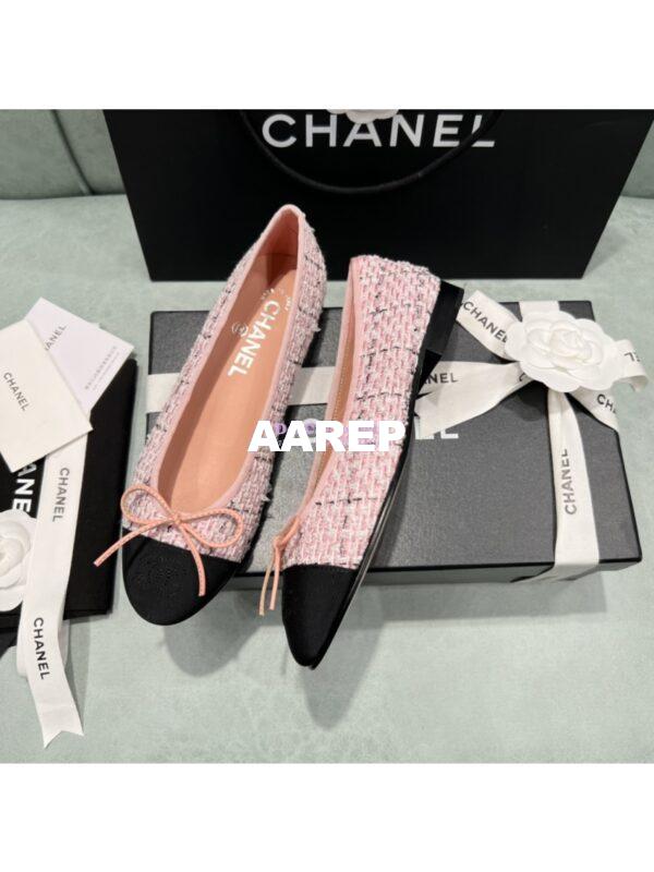Replica Chanel Tweed and Grossgrain Cap Toe Ballerinas G02819 Black Sakura Pink 5