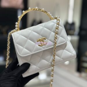 Replica Chanel Lambskin Clutch With Chain with Imitation Pearls & Enamel AP3513 White 2