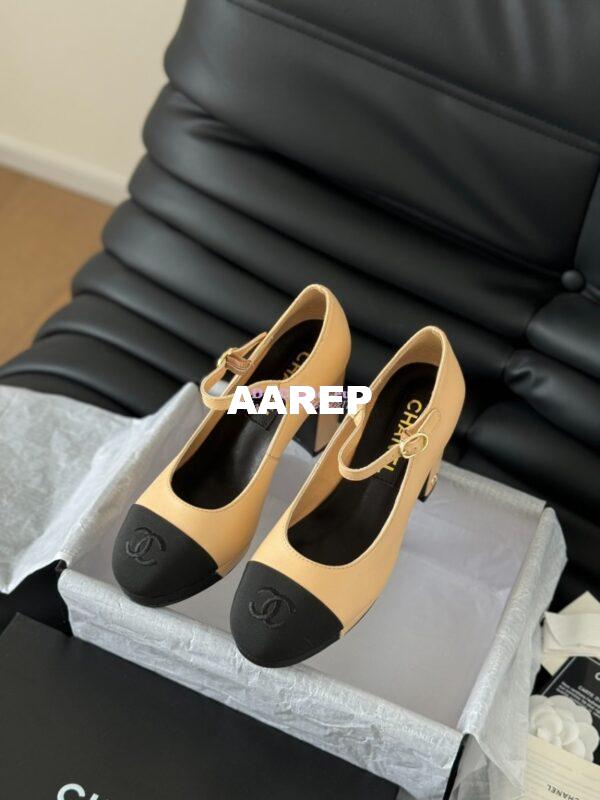 Replica Chanel 24C Mary Janes Heel Pumps Lambskin and Grossgrain toe Heel 95mm G45119 Beige Black