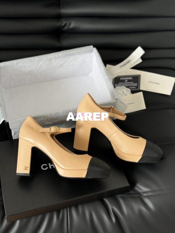 Replica Chanel 24C Mary Janes Heel Pumps Lambskin and Grossgrain toe Heel 95mm G45119 Beige Black 2