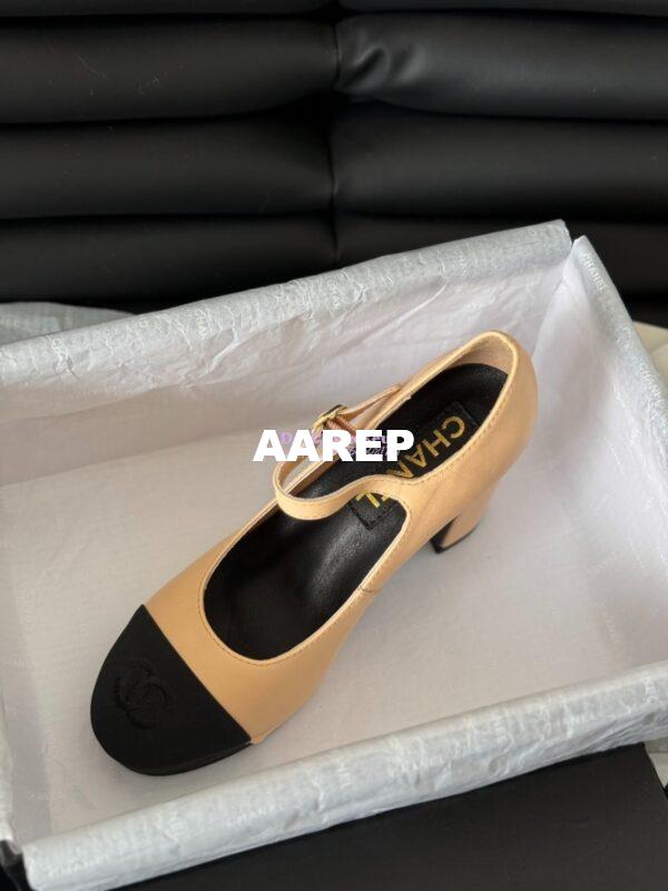 Replica Chanel 24C Mary Janes Heel Pumps Lambskin and Grossgrain toe Heel 95mm G45119 Beige Black 3