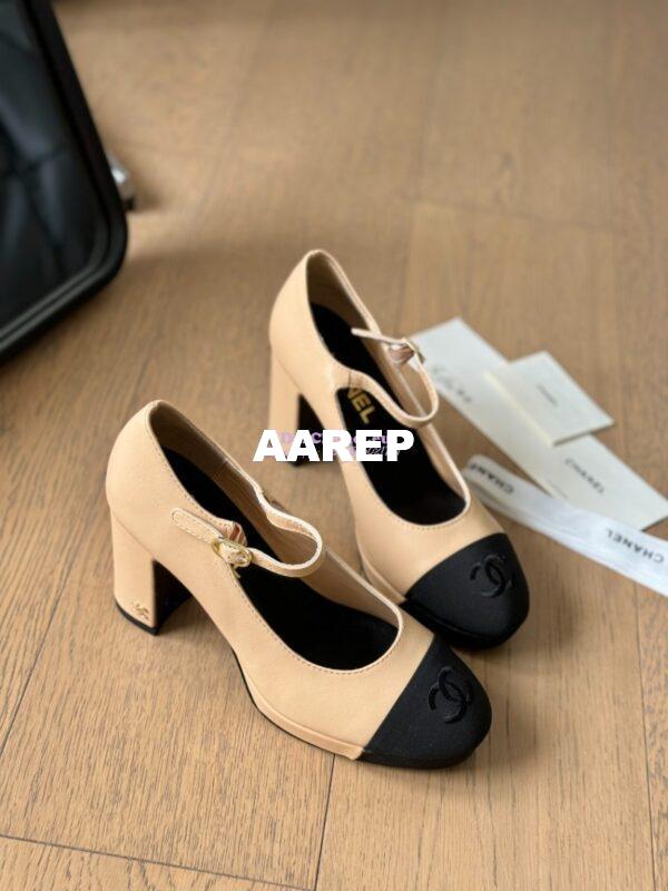 Replica Chanel 24C Mary Janes Heel Pumps Lambskin and Grossgrain toe Heel 95mm G45119 Beige Black 7
