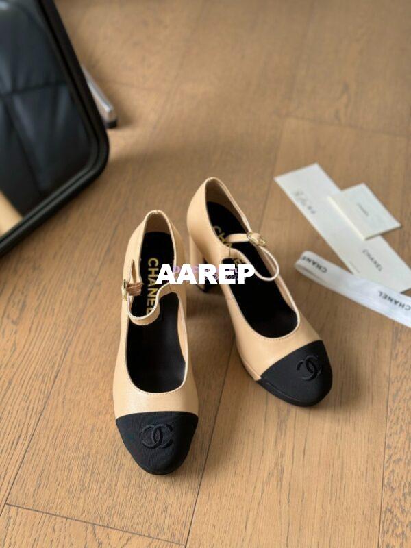 Replica Chanel 24C Mary Janes Heel Pumps Lambskin and Grossgrain toe Heel 95mm G45119 Beige Black 8