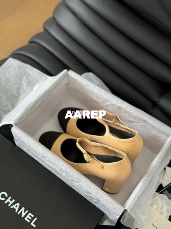 Replica Chanel 24C Mary Janes Heel Pumps Lambskin and Grossgrain toe Heel 95mm G45119 Beige Black 9