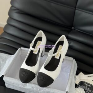 Replica Chanel 24C Mary Janes Heel Pumps Lambskin and Grossgrain toe Heel 95mm G45119 White Black 2