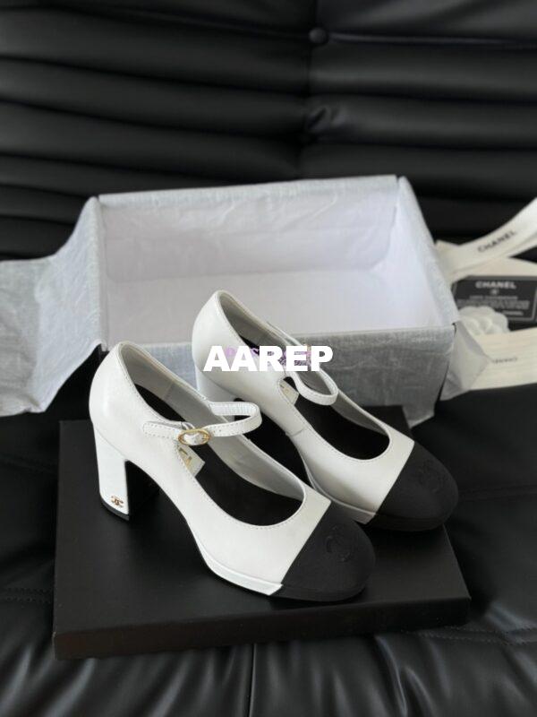 Replica Chanel 24C Mary Janes Heel Pumps Lambskin and Grossgrain toe Heel 95mm G45119 White Black 5