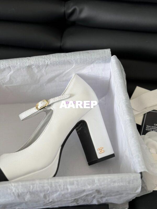 Replica Chanel 24C Mary Janes Heel Pumps Lambskin and Grossgrain toe Heel 95mm G45119 White Black 6