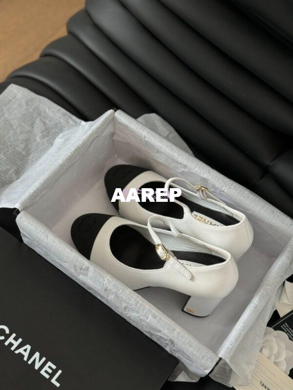Replica Chanel 24C Mary Janes Heel Pumps Lambskin and Grossgrain toe Heel 95mm G45119 White Black 7