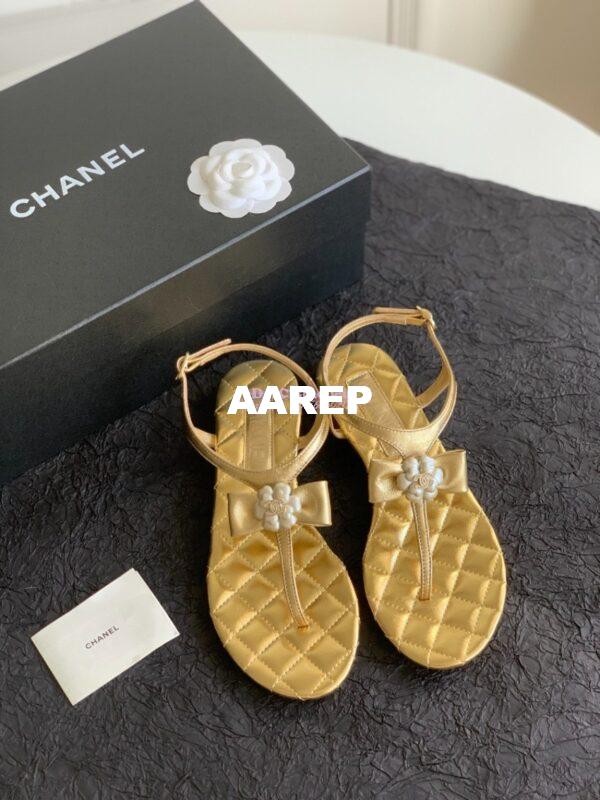 Replica Chanel 24P Quilted Thong Sandals Metallic Lambskin With Bow Camellia CC G45258 3