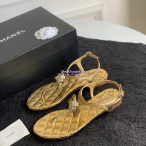 Replica Chanel 24P Quilted Thong Sandals Metallic Lambskin With Bow Camellia CC G45258 2