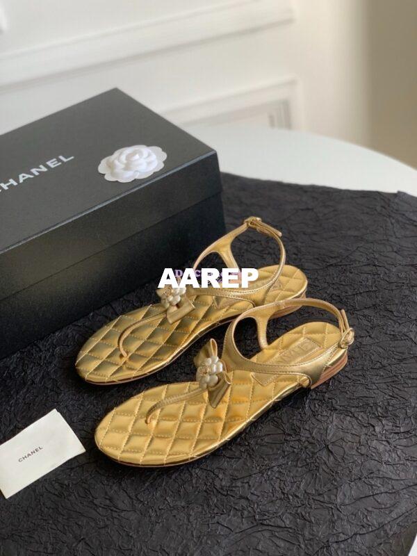 Replica Chanel 24P Quilted Thong Sandals Metallic Lambskin With Bow Camellia CC G45258 4