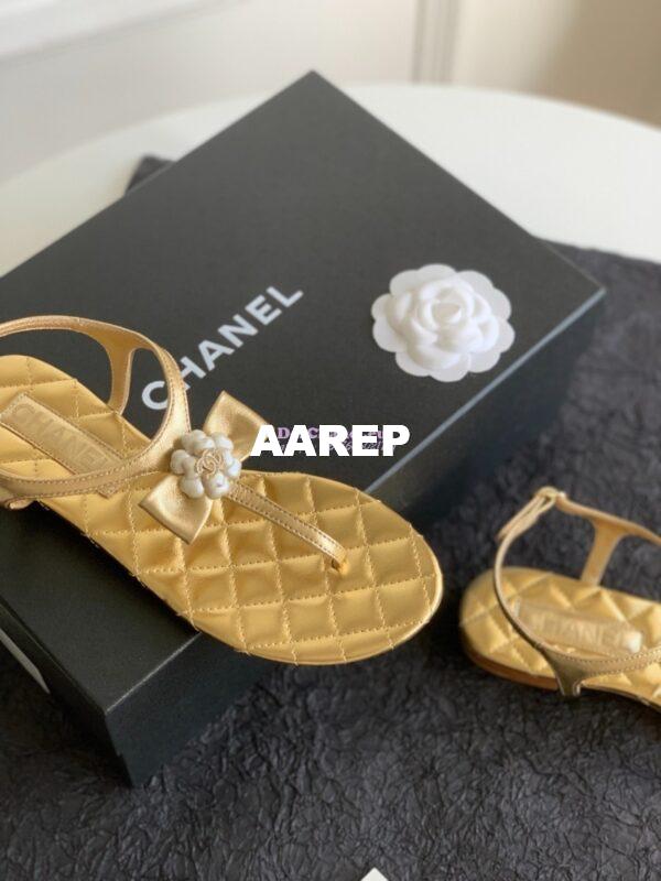 Replica Chanel 24P Quilted Thong Sandals Metallic Lambskin With Bow Camellia CC G45258 6
