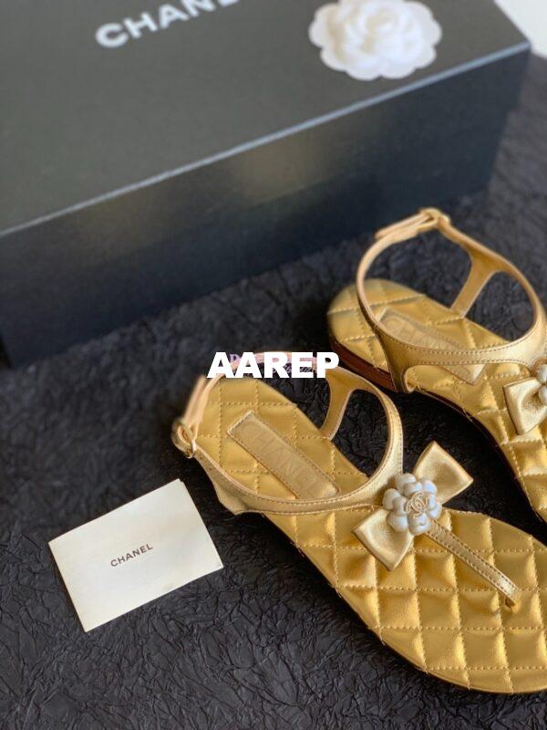 Replica Chanel 24P Quilted Thong Sandals Metallic Lambskin With Bow Camellia CC G45258 7
