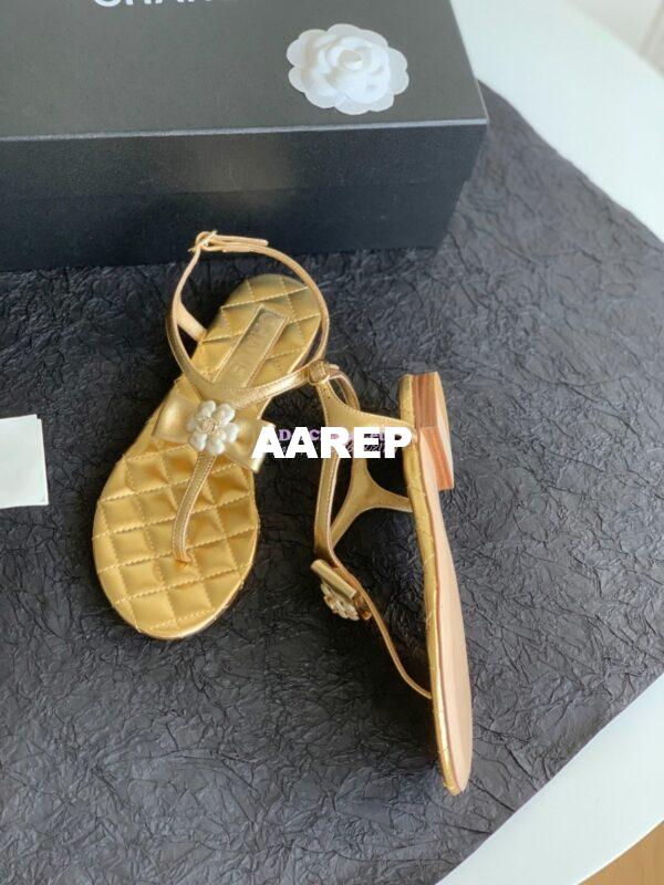 Replica Chanel 24P Quilted Thong Sandals Metallic Lambskin With Bow Camellia CC G45258 8