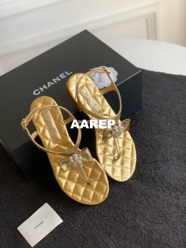 Replica Chanel 24P Quilted Thong Sandals Metallic Lambskin With Bow Camellia CC G45258 9