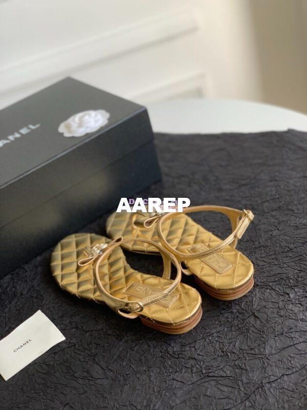 Replica Chanel 24P Quilted Thong Sandals Metallic Lambskin With Bow Camellia CC G45258 10