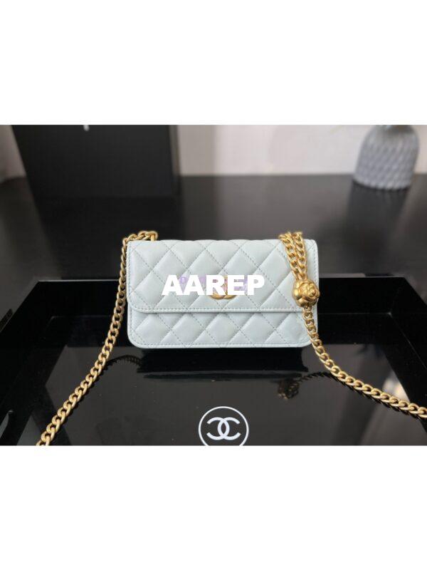 Replica Chanel 23P Flap Phone Holder With Chain Camellia Crush AP3298 Lambskin Cloud Blue 3