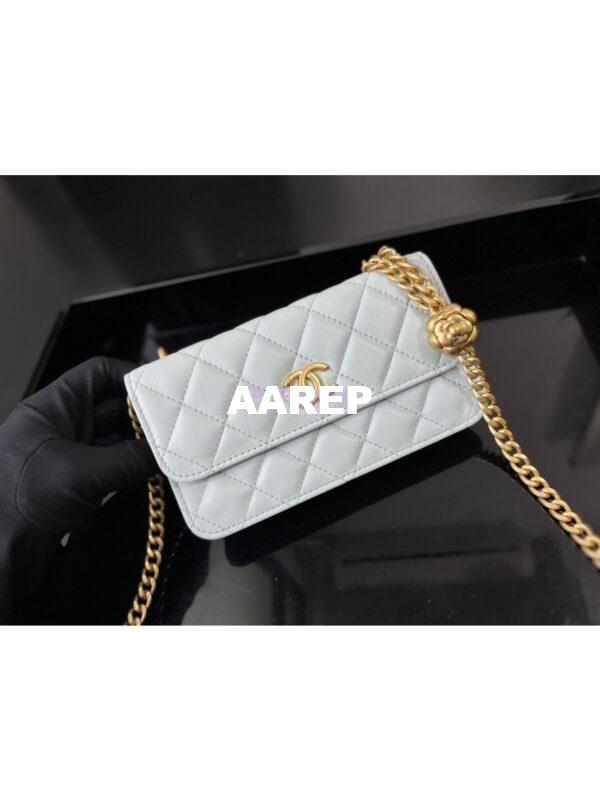 Replica Chanel 23P Flap Phone Holder With Chain Camellia Crush AP3298 Lambskin Cloud Blue 4