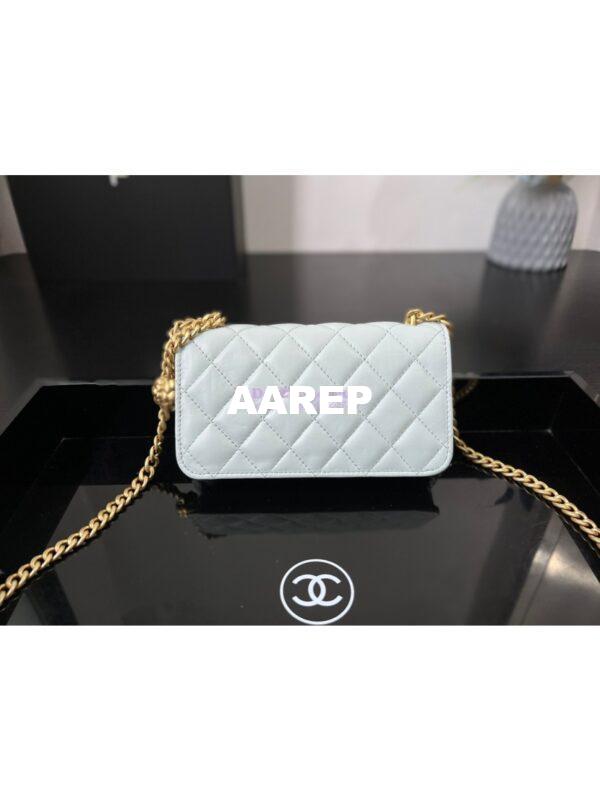 Replica Chanel 23P Flap Phone Holder With Chain Camellia Crush AP3298 Lambskin Cloud Blue 10