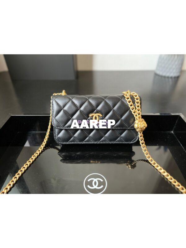 Replica Chanel 23P Flap Phone Holder With Chain Camellia Crush AP3298 Lambskin Black 3