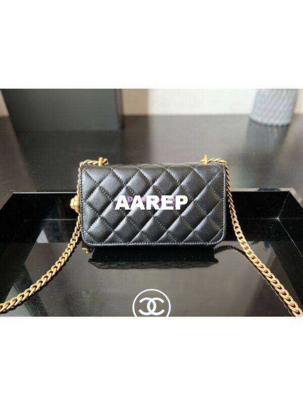 Replica Chanel 23P Flap Phone Holder With Chain Camellia Crush AP3298 Lambskin Black 10