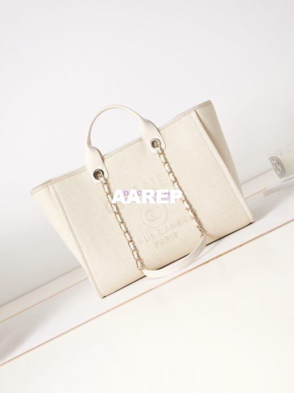 Replica Chanel Large Tote 2 in 1 Mixed Fibres, Calfskin Deauville Bag A66941 Creme White 3